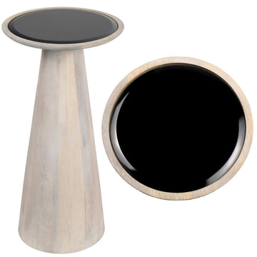 Linden 21.5" Farmhouse Industrial Mango Wood Drink Table and Decorative End Table with Round Black Glass Top and Cone Pedestal Base